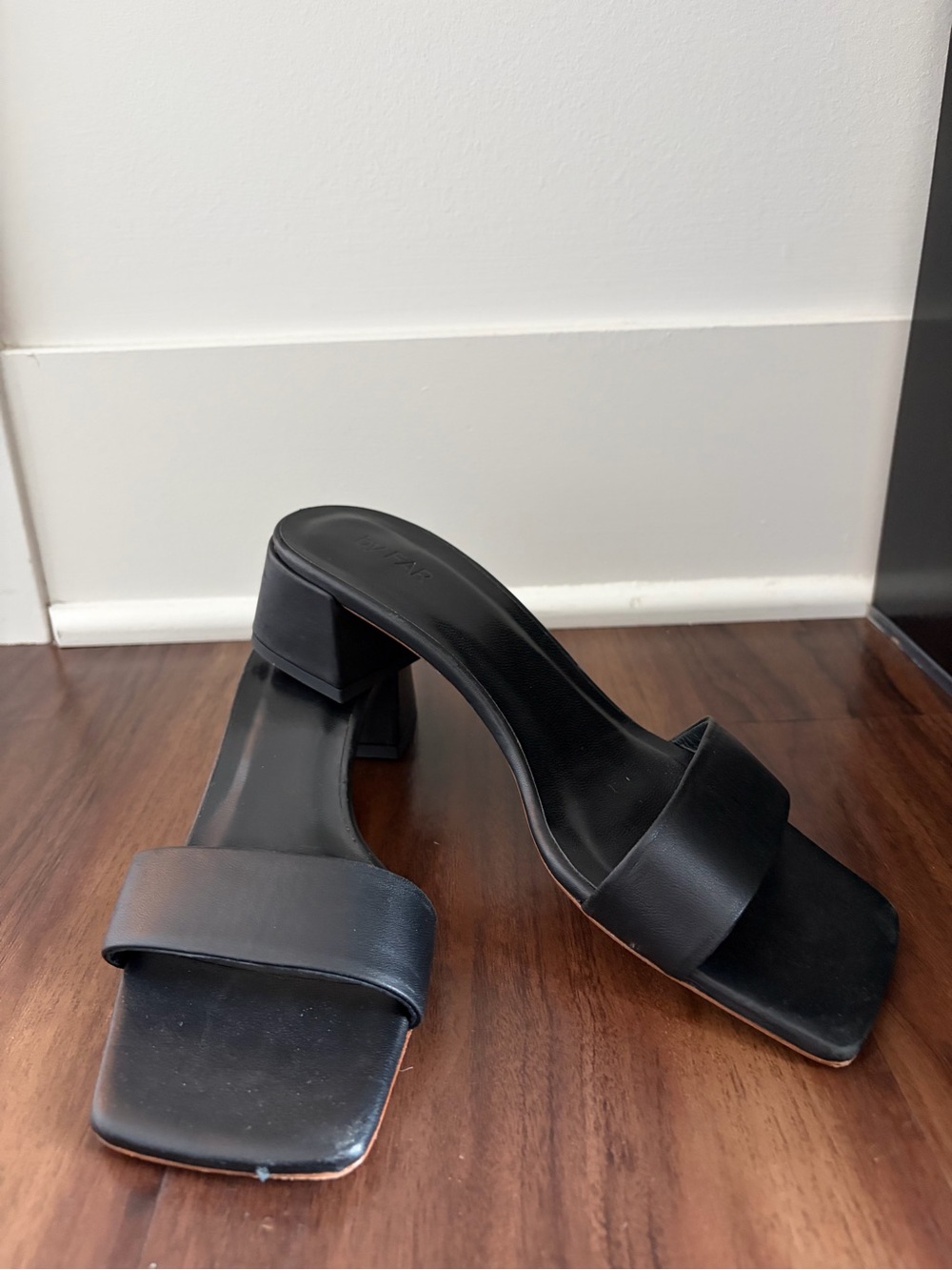 BY FAR Black Square-Toe Block Heel Slide Sandals